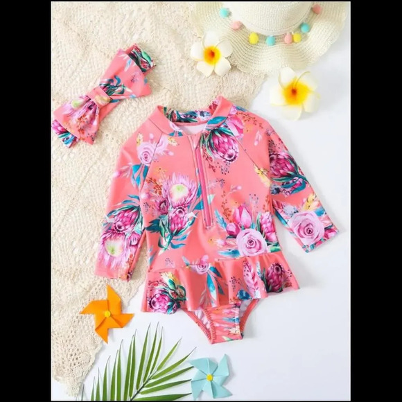 SHEIN Baby Girl Floral Print Raglan Sleeve Peplum One Piece Swimsuit Size 80 - Picture 1 of 15